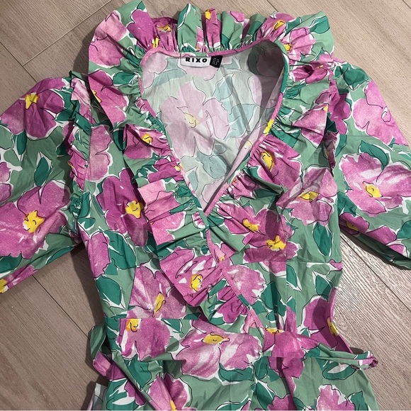RIXO Frida Midi Wrap Dress S Small Petite Pink Ruffled Floral Print Crepe Boho - Picture 10 of 16